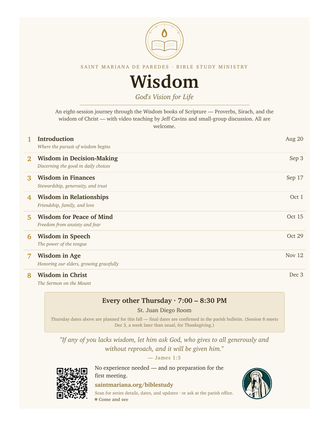 Wisdom series schedule poster &mdash; Saint Mariana de Paredes English Bible Study (the same poster displayed around the parish)